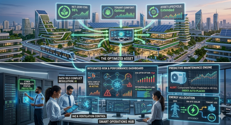 A complex urban development project utilizing smart operational systems to overcome data silos and manage risk dashboards.