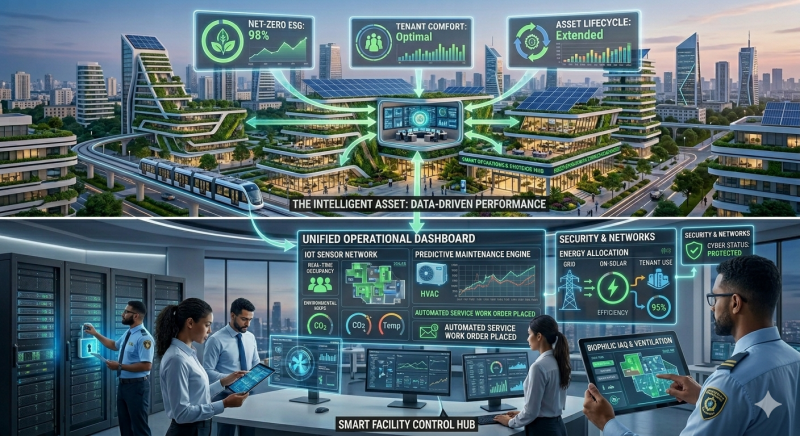 An integrated smart operations hub demonstrating the definition of smart facility management through real-time risk dashboards and predictive analytics.