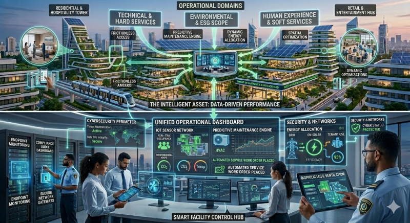 A unified smart facility control hub illustrating the full operational scope of smart facility management from cybersecurity to automated energy allocation.